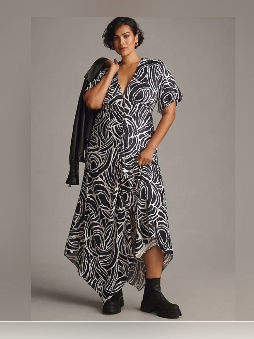 Anthropologie Short Sleeve V-Neck Button Front Midi Dress Size 20